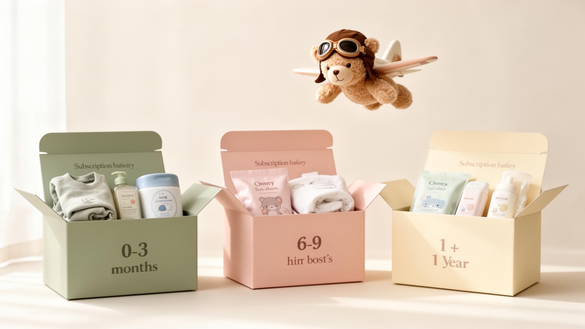Três caixas de subscrição Gama Baby Box para diferentes idades